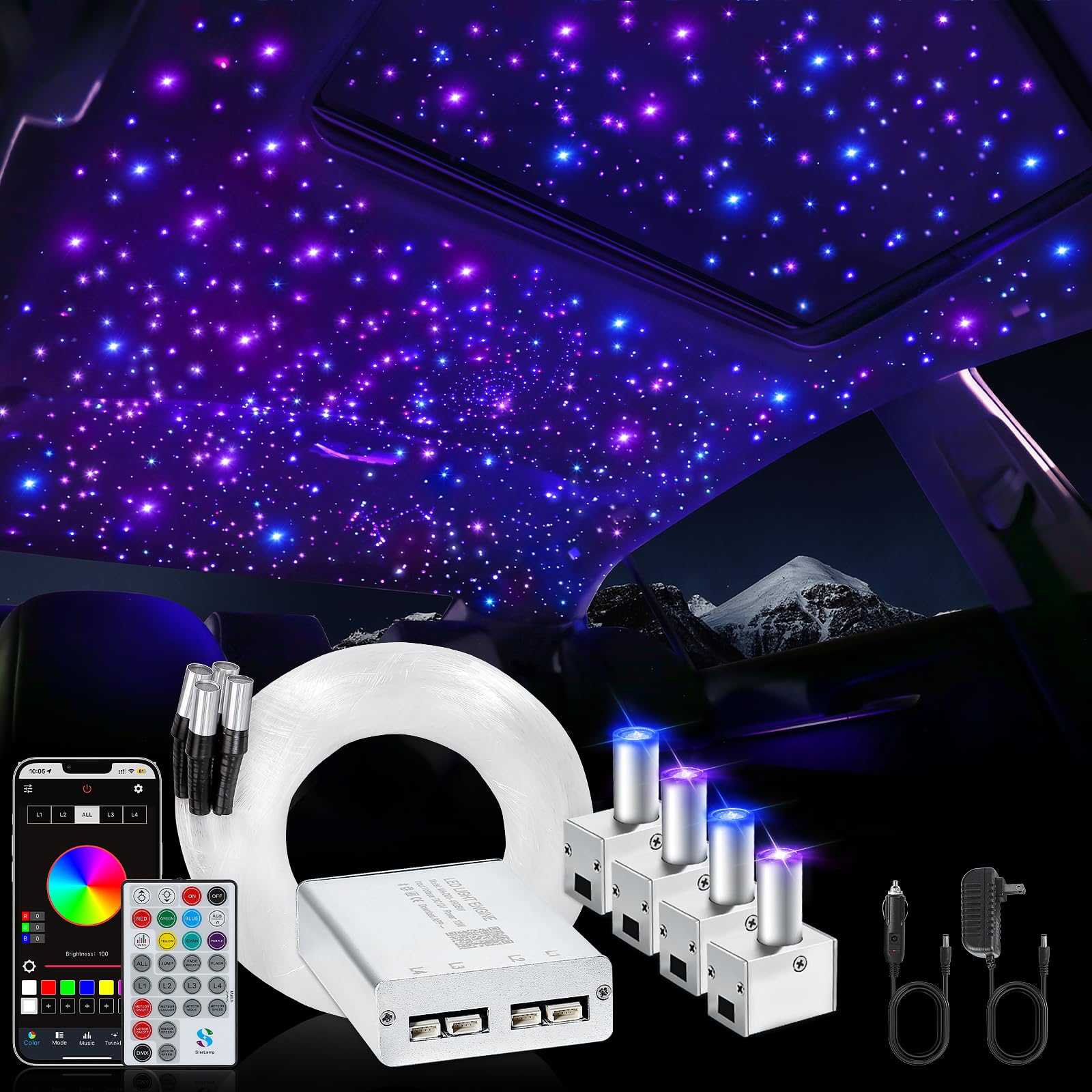 4 Colors 12W Car Starlight Headliner Kit for Car Decor with APP&RF Remote
| 1200pcs*0.02in*9.8ft RGBW Fiber Optic Stran